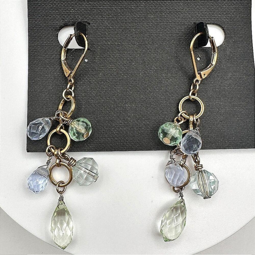 Vintage 90s Gold Tone Blue Green Glass Chandelier Dangle Earring Jewelry